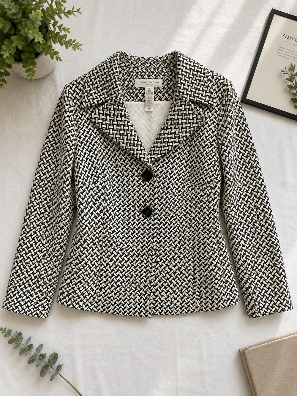 Charter Club Black and White Woven Pattern Blazer